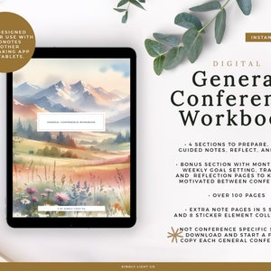 May include: Digital General Conference Workbook with a watercolor landscape background. The workbook includes 4 sections to prepare, take guided notes, reflect, and plan. It also has a bonus section with monthly and weekly goal setting, tracking, and reflection pages. The workbook has over 100 pages and extra note pages in 5 styles and 8 sticker element collections.