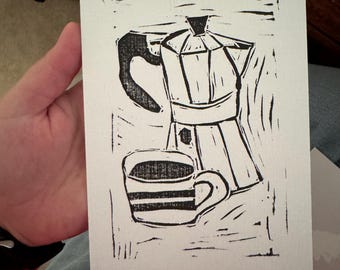 Handmade Print of Moka Pot - Original Art, Coffee Lover Gift, Unique Kitchen Decor, Modern Linocut Art Print, Espresso Print, Coffee Art