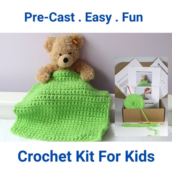 Kids Crochet Kit Easy Peasy Blanket for a Teddy or a Doll Single Color 