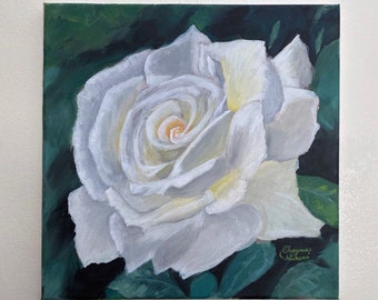 White beauty, small acrylic painting of a white rose in the middle of greenery, foliage, roses and flowers art, floral art, Original Art