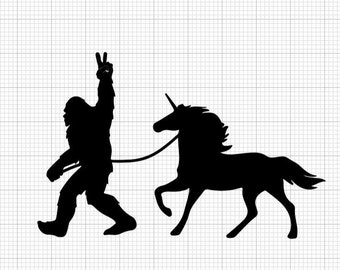 Sasquatch walking his unicorn, bigfoot, digital design, cricut, svg, pdf, eps, png, jpg