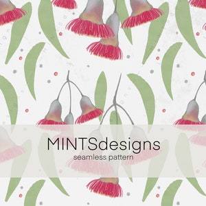 May include: Seamless pattern featuring watercolor illustrations of eucalyptus flowers and leaves. The design showcases pink flowers with a fringed edge, green leaves, and small red and gray dots on a white background. The text "MINTsdesigns seamless pattern" is also included.