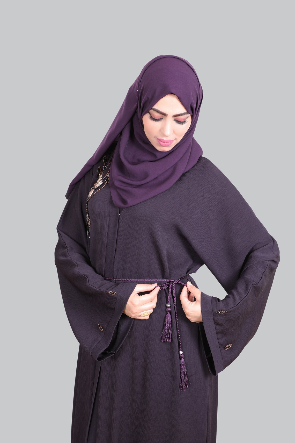 Beaded abaya dress ladies plum embroided jubbah with belt & Etsy