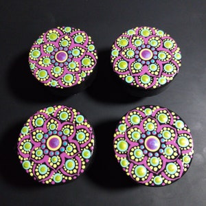 Handmade Mandala Dot Dresser Knobs: Set of 4 Wooden Drawer Pulls