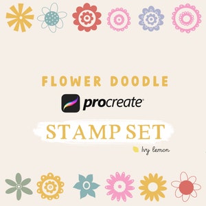 Può includere: Un set di timbri doodle di fiori per Procreate. I timbri sono in vari colori e stili, tra cui giallo, rosa, rosso, blu e verde. Il testo "FLOWER DOODLE" e "STAMP SET" è in giallo.