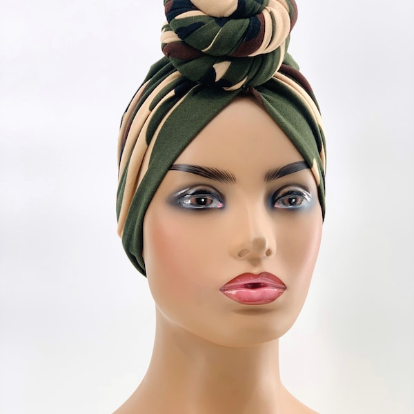 Camo Pretied Turban | Pretied Headwrap | Cap For Chemo | Alopecia Scarfs | Chemo Gifts For Wife, Mum, Sister