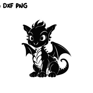 May include: Black silhouette of a cartoon baby dragon with large eyes and wings. The dragon is sitting on its hind legs with its tail curled around its body.