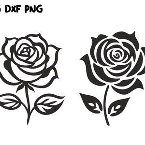 May include: Two black and white line art illustrations of roses with stems and leaves.