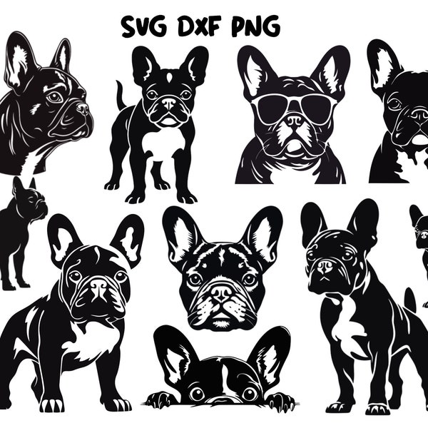 Paquete de bulldog francés, plantilla de vinilo con logotipo, impresión de imágenes prediseñadas de Frenchie, Bulldog francés SVG, silueta, Frenchie mama svg, vector de bulldog, archivo Cricut