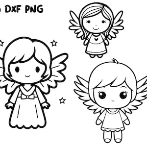Cute Angels Illustrations SVG, PNG, DXF Cute Angels Files for Cricut and Silhouette, Angel Doodle, Line Art Stencil, Commercial Use