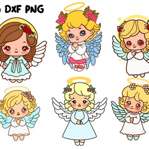 Set of Small Cute Angels Illustrations - SVG, PNG, DXF - Seamless Background and Sticker Design, Angels Cricut cut files layered