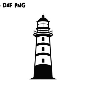 Könnte beinhalten: Eine schwarze Silhouette eines Leuchtturms mit einem weißen Fenster und drei weißen Bändern. Der Leuchtturm steht auf weißem Hintergrund.