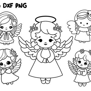 Cute Angels Illustrations SVG, PNG, DXF Cute Angels Files for Cricut and Silhouette, Angel Doodle, Line Art Stencil, Commercial Use