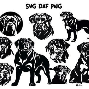Puede incluir: Imágenes en silueta en blanco y negro de perros Rottweiler en varias poses. Las imágenes incluyen un Rottweiler con la lengua fuera, un Rottweiler sentado y un Rottweiler de pie. Las imágenes son perfectas para usar en manualidades, scrapbooking y otros proyectos creativos.