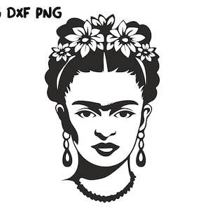 May include: Black and white silhouette of a woman with a flower crown and earrings. The woman has a unibrow and a serious expression.