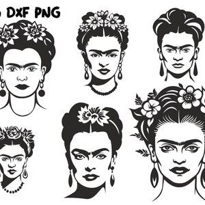 May include: Five black and white illustrations of Frida Kahlo, a famous Mexican painter. Each illustration features a different hairstyle and floral arrangement. The illustrations are in a vintage style.