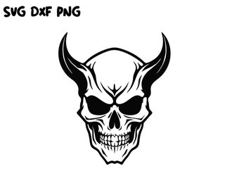 Skull Devil Horn Dead Head Evil Kill Killer Tattoo Skeleton Bone Horror Vintage Design SVG PNG DXF, Clipart Vector Cutting Cricut Silhouette