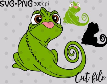 May include: A green cartoon chameleon with large eyes and a curled tail. The chameleon is sitting on a grey background with white polka dots. The image includes the text "Cut file".