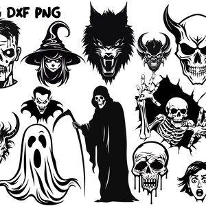 May include: Black and white Halloween-themed digital illustrations featuring a zombie, witch, werewolf, demon, skull, skeleton, vampire, ghost, grim reaper, and a terrified woman. The image includes the text "SVG DXF PNG".