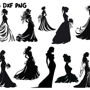 Paquete de silueta de novia - Descarga digital de 10 diseños, Novia de boda SVG, Novia de boda PNG, Gráfico vectorial de novia, Silueta de vestido de novia