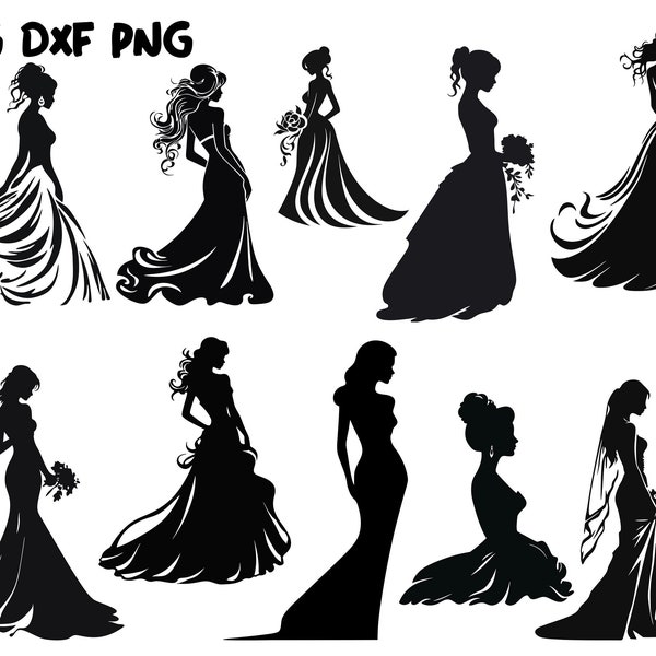 Bride Silhouette Pack - 10 Designs Digital Download, Wedding Bride SVG, Wedding Bride PNG, Bride Vector Graphic, Wedding Dress Silhouette