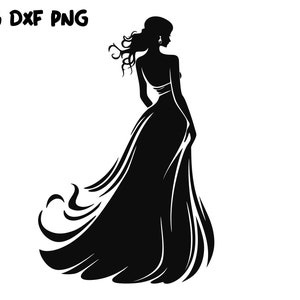 Panna młoda SVG, czarna suknia wieczorowa, księżniczka SVG, plik cięcia panny młodej, suknia ślubna SVG, ślub SVG, panna młoda clipart, Cricut, sylwetka DXF SVG