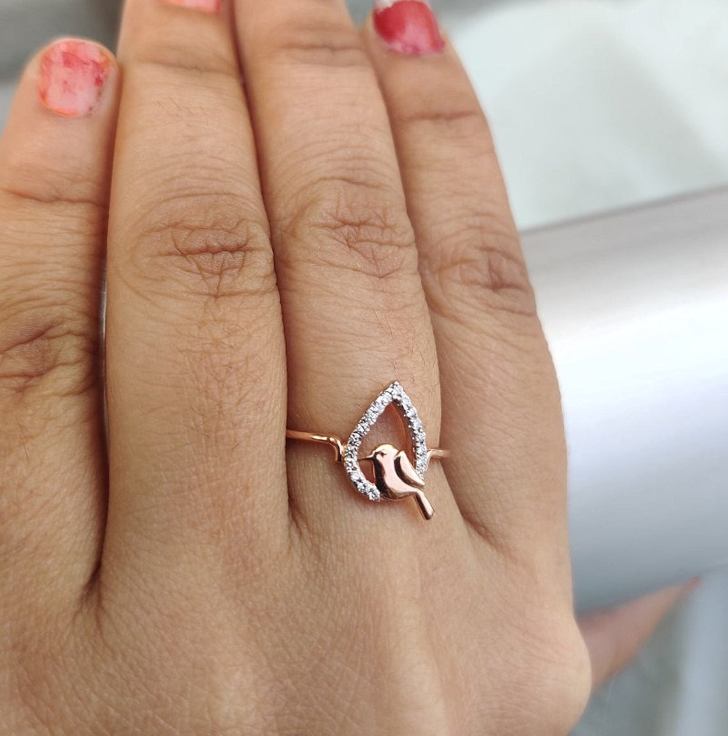 14K Rose Gold Diamond Bird Bird Ring/ Natural stone Ring/ 14k Etsy
