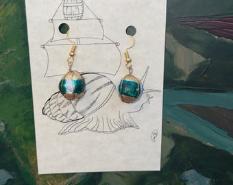 Green and Silver Clay Bead Earrings with Gold Wrap