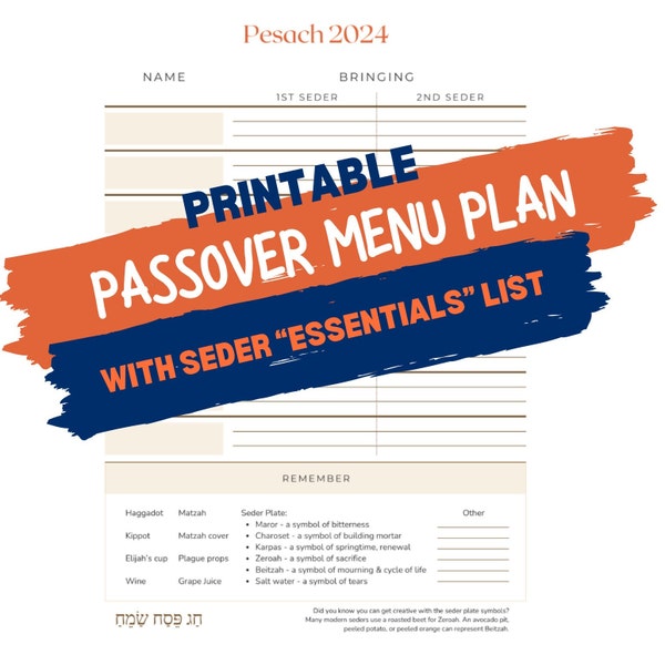 Potluck Pesach Printable, Passover Seder Menu Planner, Organizer & Guest Signup Sheet, Minimalist  - Instant Download PDF