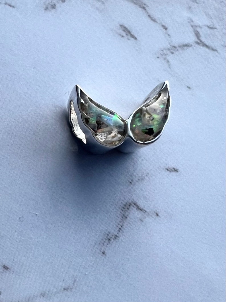 May include: A silver-colored, wing-shaped ring with iridescent, colorful accents. The ring has a smooth, polished finish and a unique, artistic design. The wings are slightly curved, creating a three-dimensional effect. The ring is likely made of metal.