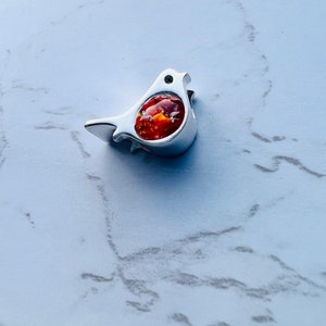 May include: A silver-colored bird-shaped pendant with a vibrant, orange-red center. The bird has a small, round eye and a slightly open beak. The pendant is set against a white and gray marble-patterned background.