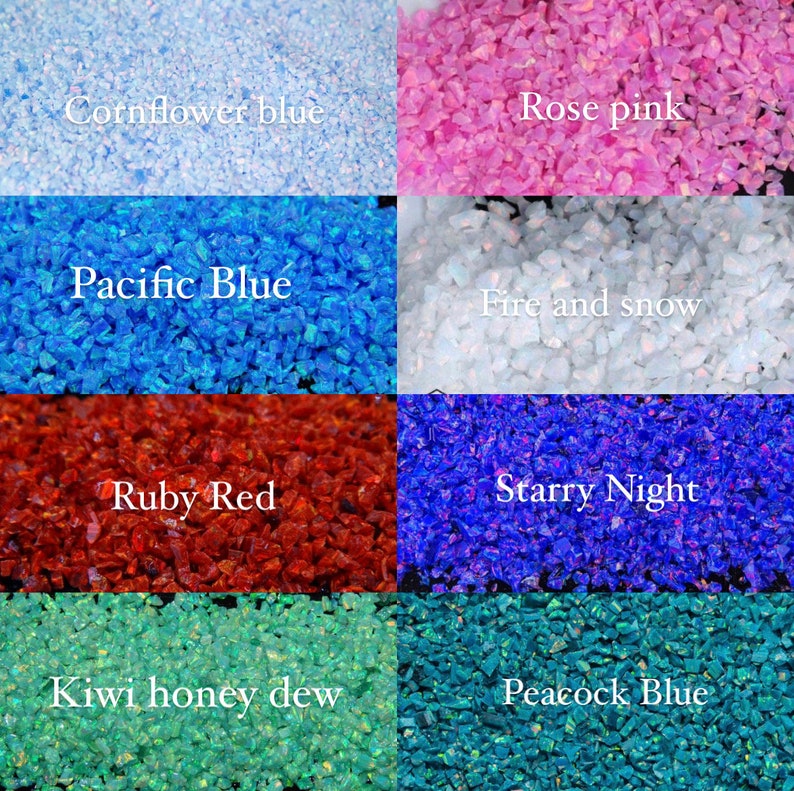 May include: A collection of crushed opal in various colors, including cornflower blue, rose pink, pacific blue, fire and snow, ruby red, starry night, kiwi honey dew, and peacock blue. Each color is labeled with its name in white text.