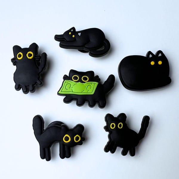 Black Cat Shoe Charms – Cute Cat Clog Charms – Spooky Halloween Accessories – Cat Lover Gift – Adorable Black Cat Charm Set