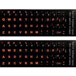 2 pegatinas para teclado en inglés, de repuesto, resistentes al agua, para teclado de ordenador, letras naranjas y fondo negro no transparente