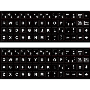 2 pegatinas para teclado en inglés, de repuesto, impermeables, para ordenador portátil, letras blancas y fondo negro no transparente