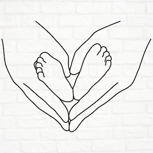 Art linéaire pieds de bébé dans des mains formant un coeur SVG, fichier svg minimaliste, DXF, PNG, pdf, eps, motif vectoriel, Cricut