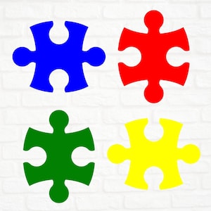 4 pièces de puzzle en format SVG, PNG, DXF, puzzle vert, bleu, jaune et rouge, journée mondiale de Sensibilisation à l'Autisme, Cricut