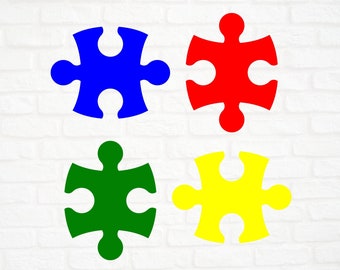 4 pièces de puzzle en format SVG, PNG, DXF, puzzle vert, bleu, jaune et rouge, journée mondiale de Sensibilisation à l'Autisme, Cricut