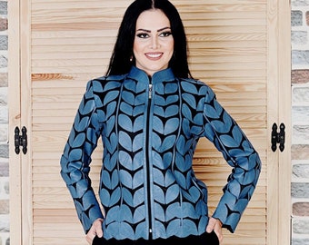 Leather Leaf Appliqué Jacket, Steel Blue Lambskin Tulle Shirt
