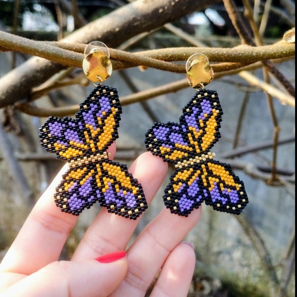 Boucles d'oreilles papillon, Boucles d'oreilles perles de mer, Boucles d'oreilles motif papillon, Bijoux perles Miyuki, Grandes boucles d'oreilles papillon, Cadeau pour elle