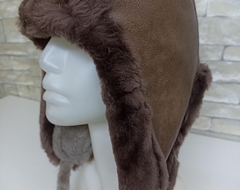 Chapéu de caçador artesanal em pele de carneiro: Chapéu de aviador de inverno em couro