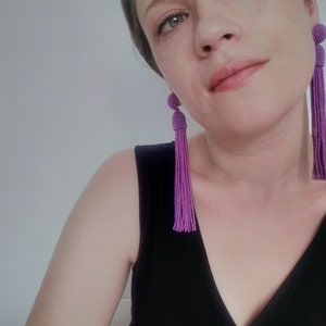 Bright Hot Lilac Beaded Tassel Earrings for Women, Seed Beads Long Earrings, Oscar de La Renta Statement Earrings, Boho Style Stud Earrings