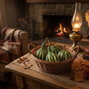 May include: A round woven wicker basket containing four small, green and yellow striped gourds. The basket features two side handles and is positioned on a wooden surface alongside dried leaves, a brass oil lamp, and a ceramic teapot.