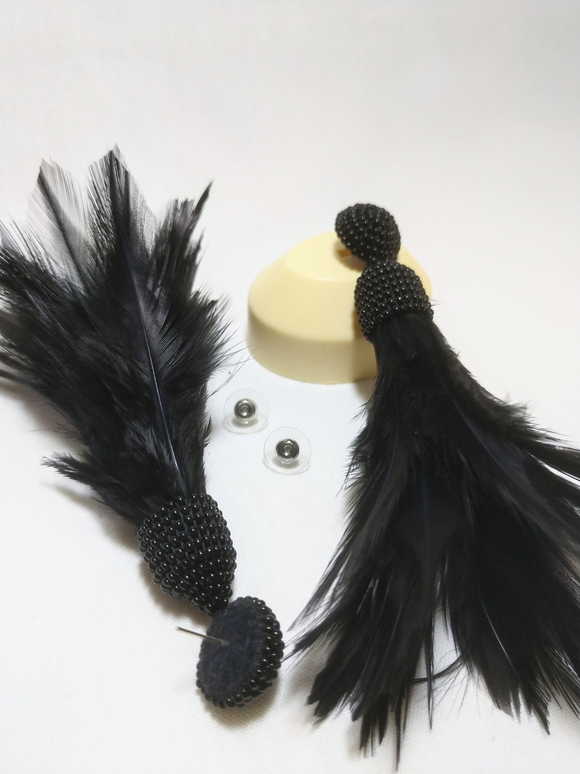 Black Fringe Earrings Feather Earrings Long Beaded Earrings