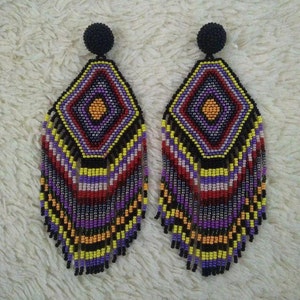Extra Long Bead Earrings, Rainbow Beaded Earrings, Bohemian Beaded Earrings, Red Earrings, Black Earrings, Hippie  Earrings, Fringe Earrings