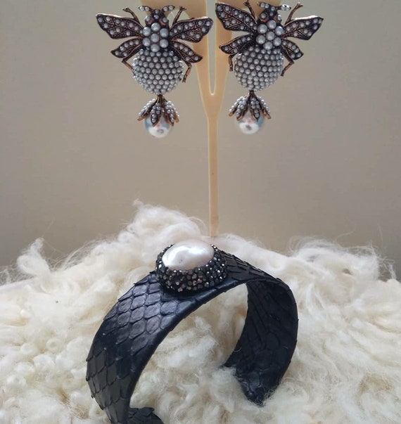 Genuine Python Bracelet, Pearl Earring, Bee Earring, Leather  