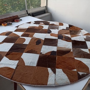 Handmade Cowhide Rug, Short Pile Cowhide Rug, Leather Carpet, Round Leather Patchwork Carpet, Natural Cowhide Leather Area Rug, Home Gift