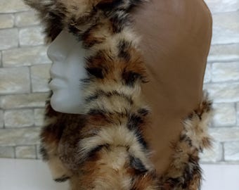 Chapeau en cuir d'agneau et fourrure léopard, accessoire d'hiver en cuir véritable, cadeau de Noël