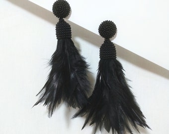 Black Fringe Earrings, Feather Earrings, Long Beaded Earrings, Beaded Tassel Earrings, Oscar De La Renta Style, Gift for Women