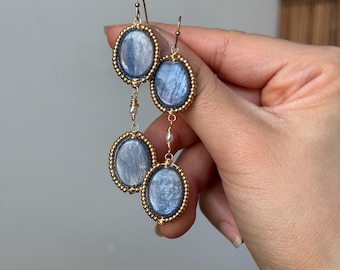 Pendientes de cristal de cianita con perlas de agua dulce y cuentas Miyuki